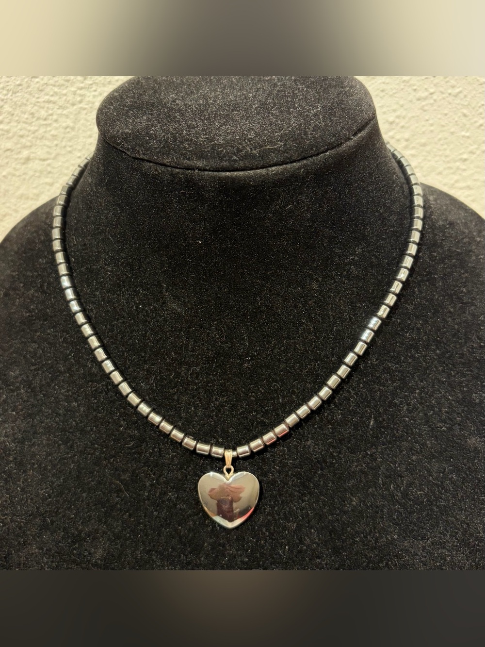 Heart Pendant Hematite Bead Necklace Excellent Shape